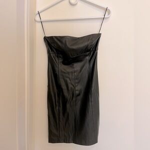 Black leather strapless mini dress